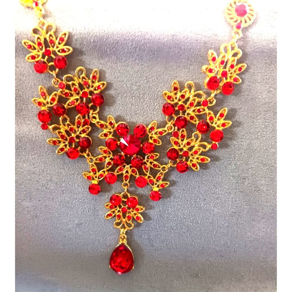 Gold & Red Crystal Statement Necklace & Earrings Set With Teardrop Pendants
